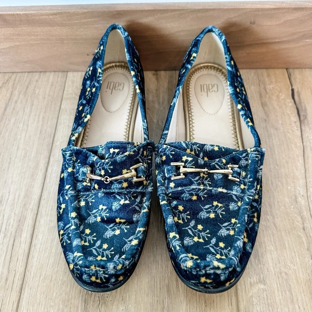 Cabi Womens Size 7 Blue Yellow Floral Velvet Carnaby‎ Loafers Shoes Buckle Flats